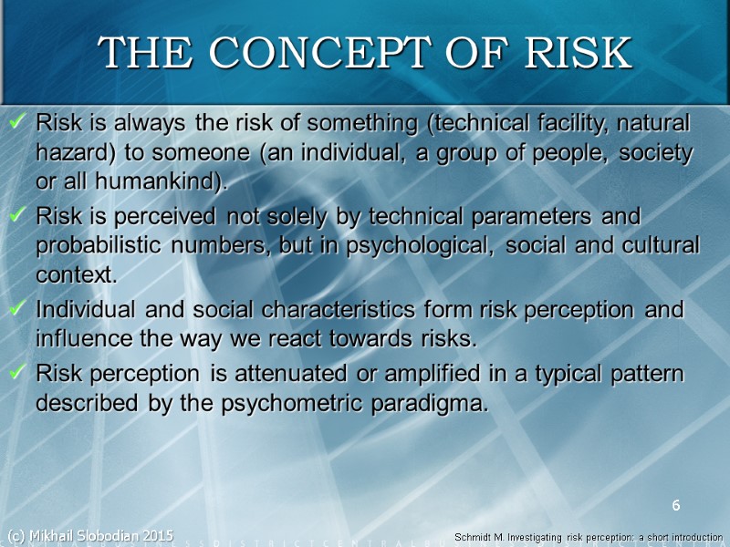 6 THE CONCEPT OF RISK Risk is always the risk of something (technical facility,